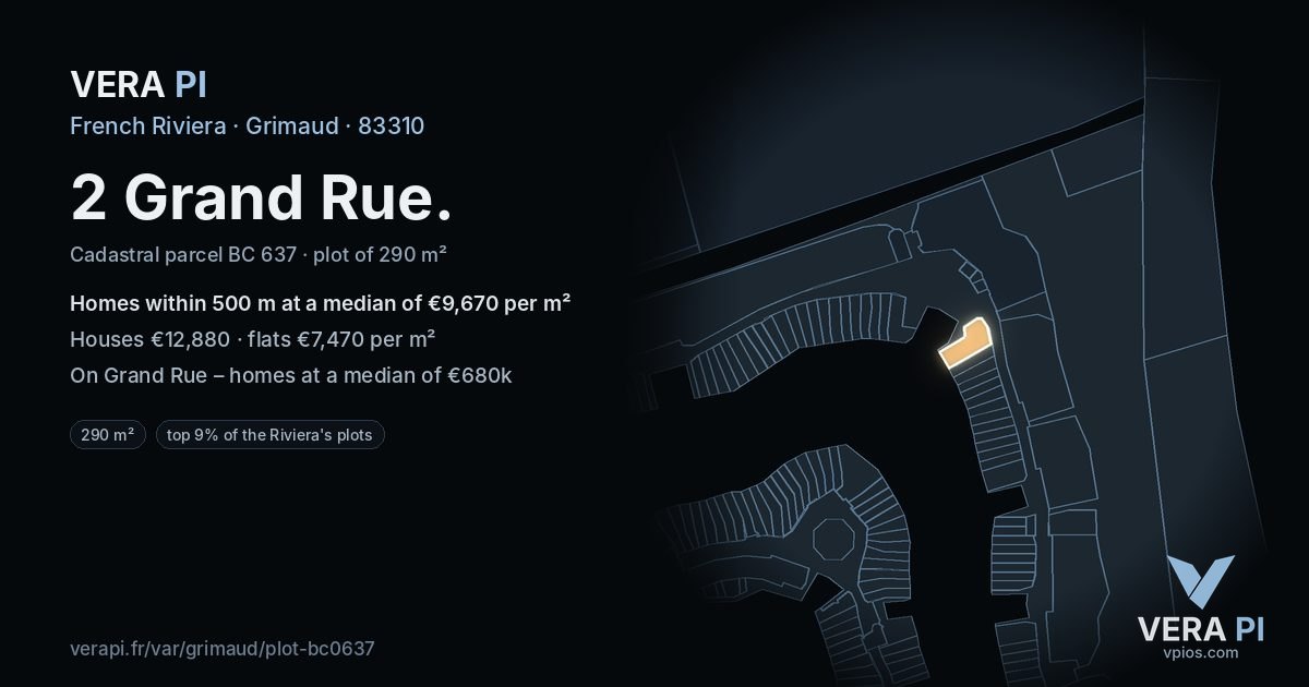 2 Grand Rue, Grimaud at night – the plot lit, the parcels around coloured by the prices near them