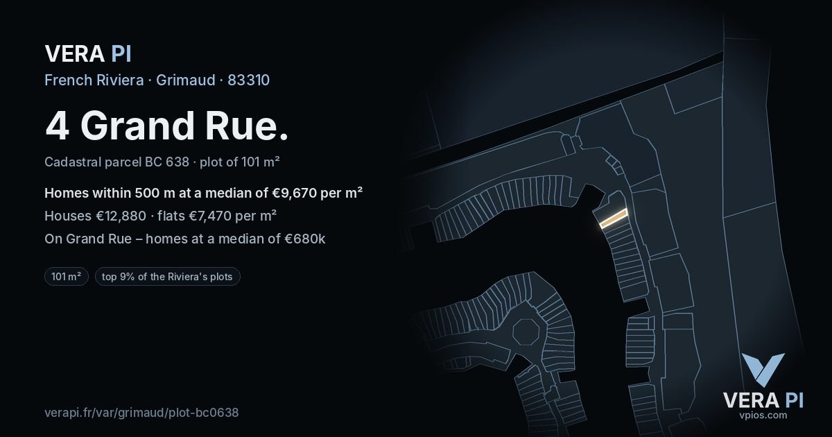 4 Grand Rue, Grimaud at night – the plot lit, the parcels around coloured by the prices near them