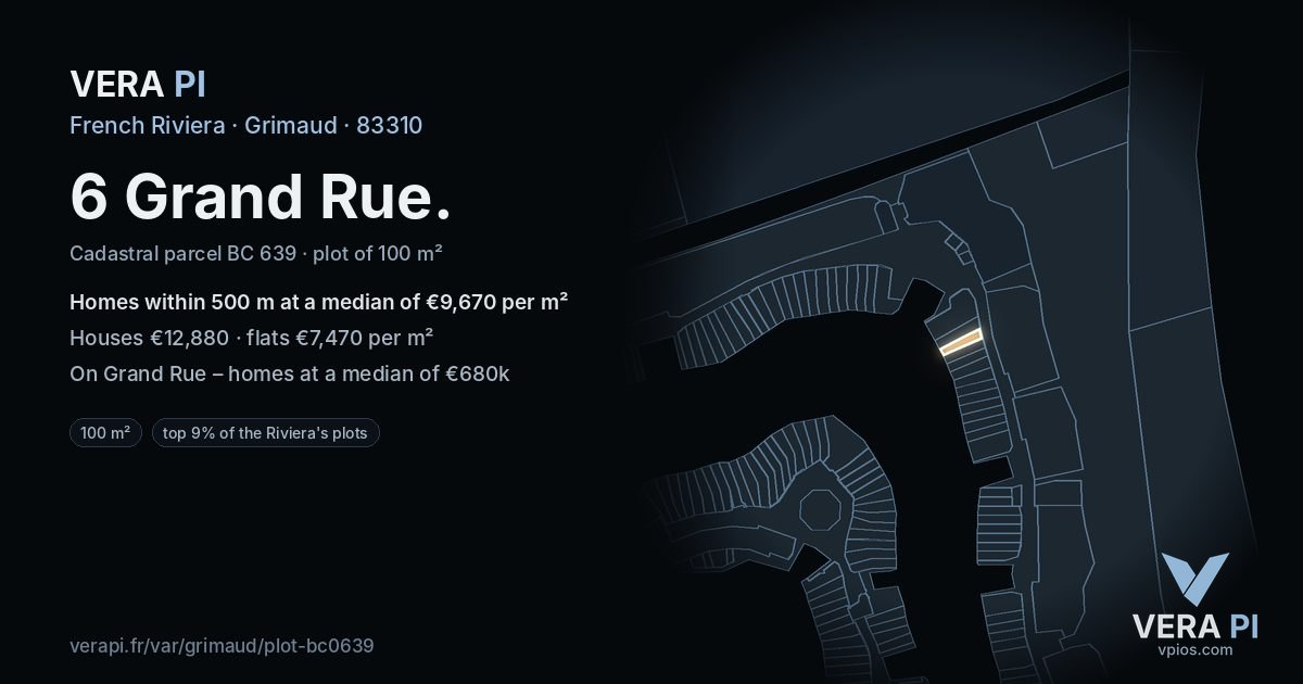 6 Grand Rue, Grimaud at night – the plot lit, the parcels around coloured by the prices near them