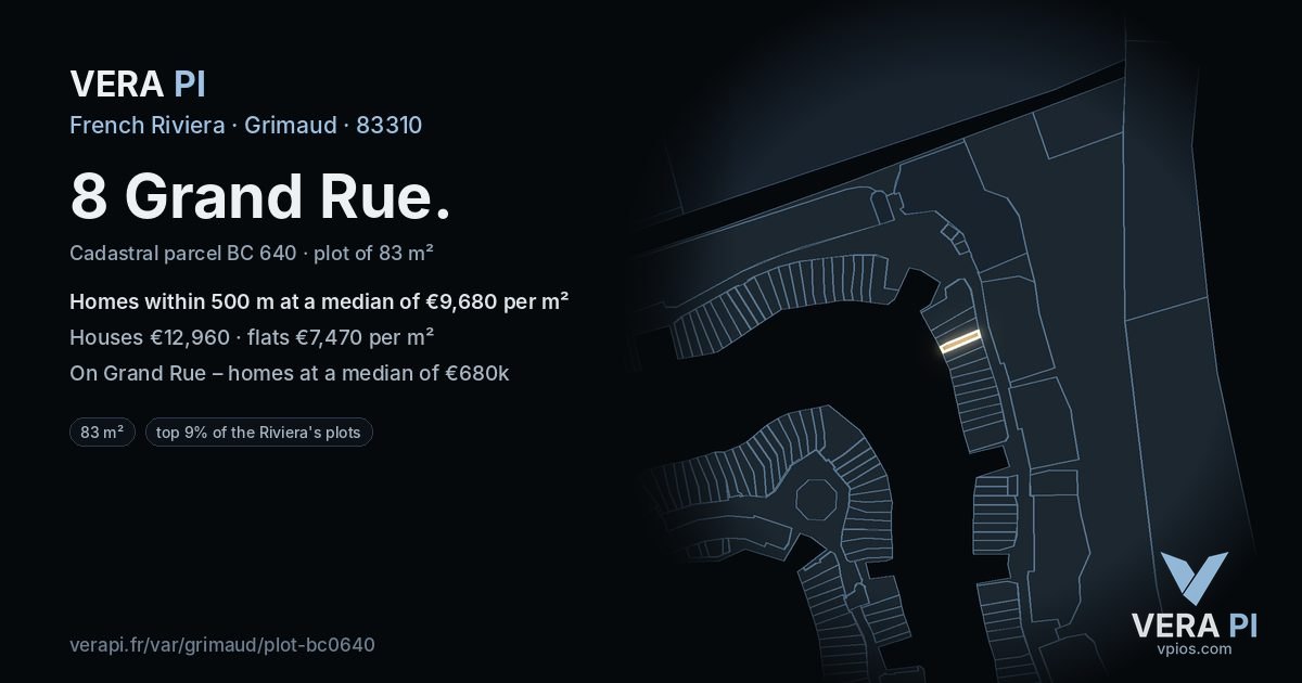 8 Grand Rue, Grimaud at night – the plot lit, the parcels around coloured by the prices near them