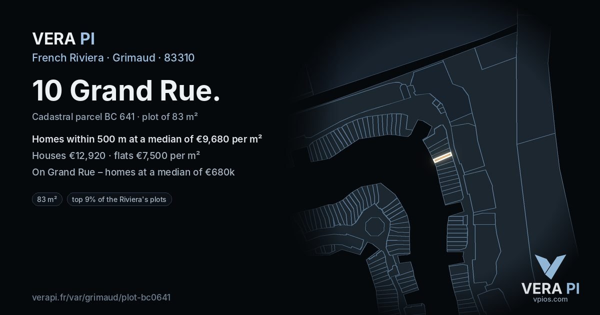 10 Grand Rue, Grimaud at night – the plot lit, the parcels around coloured by the prices near them