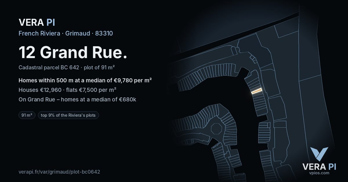 12 Grand Rue, Grimaud at night – the plot lit, the parcels around coloured by the prices near them
