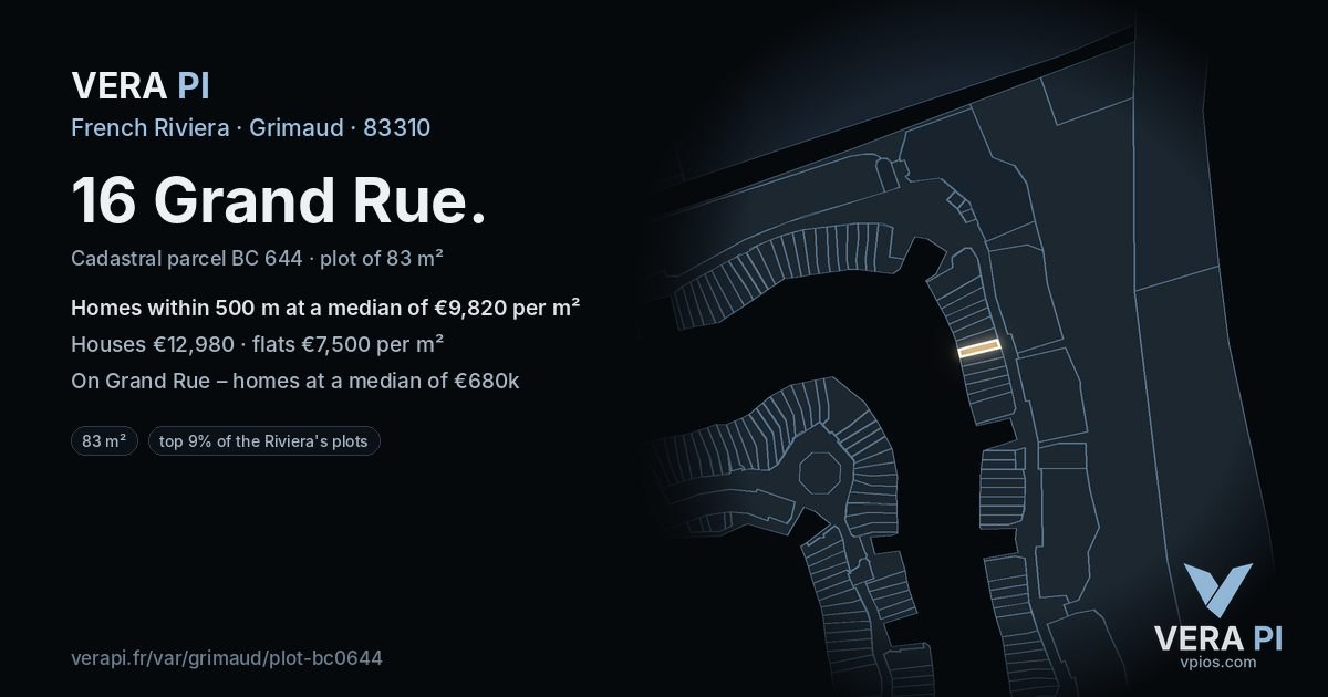 16 Grand Rue, Grimaud at night – the plot lit, the parcels around coloured by the prices near them