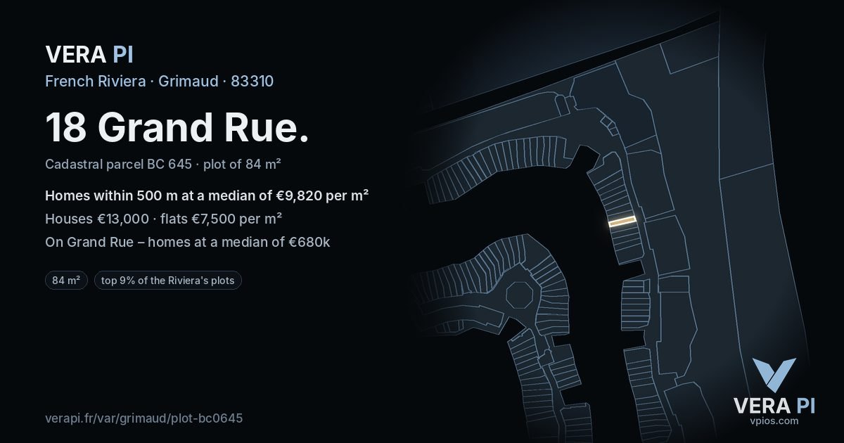 18 Grand Rue, Grimaud at night – the plot lit, the parcels around coloured by the prices near them
