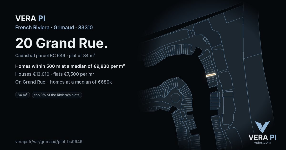 20 Grand Rue, Grimaud at night – the plot lit, the parcels around coloured by the prices near them