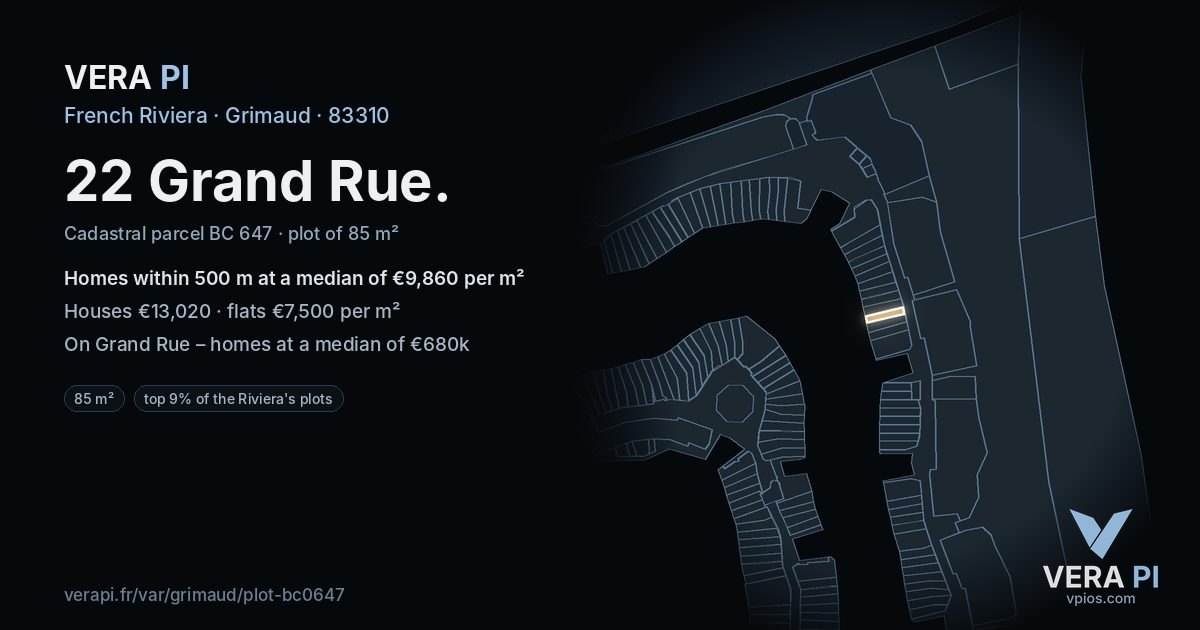 22 Grand Rue, Grimaud at night – the plot lit, the parcels around coloured by the prices near them