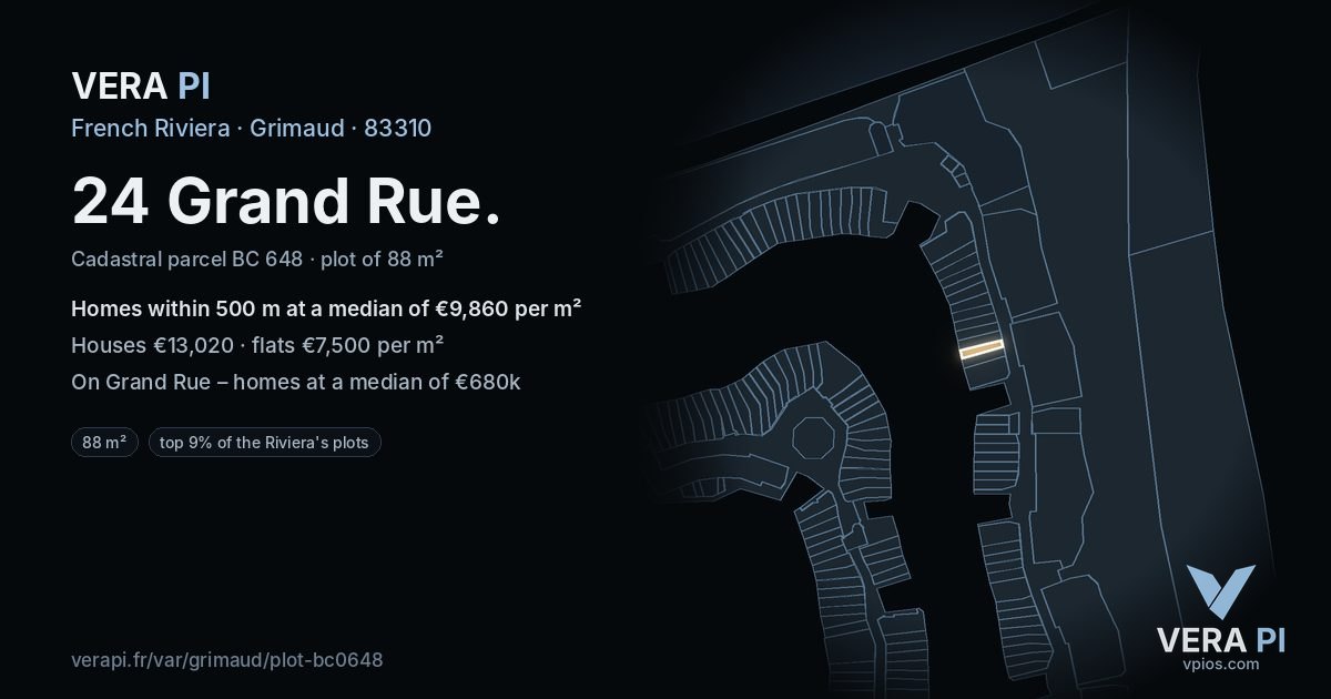 24 Grand Rue, Grimaud at night – the plot lit, the parcels around coloured by the prices near them