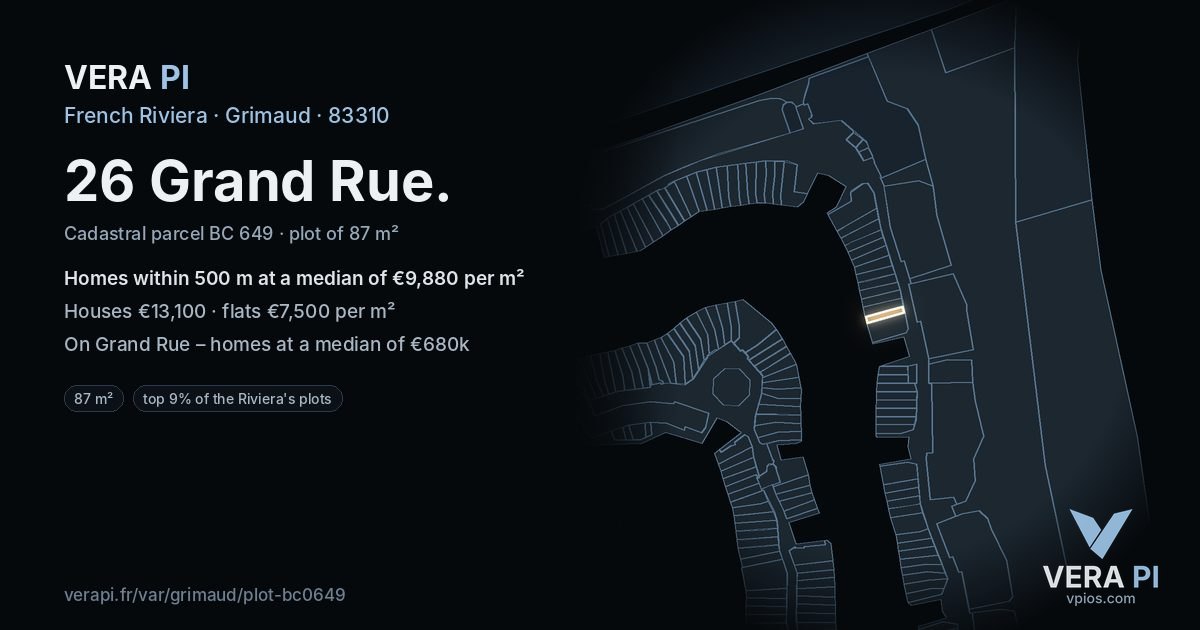 26 Grand Rue, Grimaud at night – the plot lit, the parcels around coloured by the prices near them