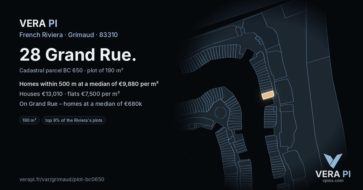 28 Grand Rue, Grimaud at night – the plot lit, the parcels around coloured by the prices near them