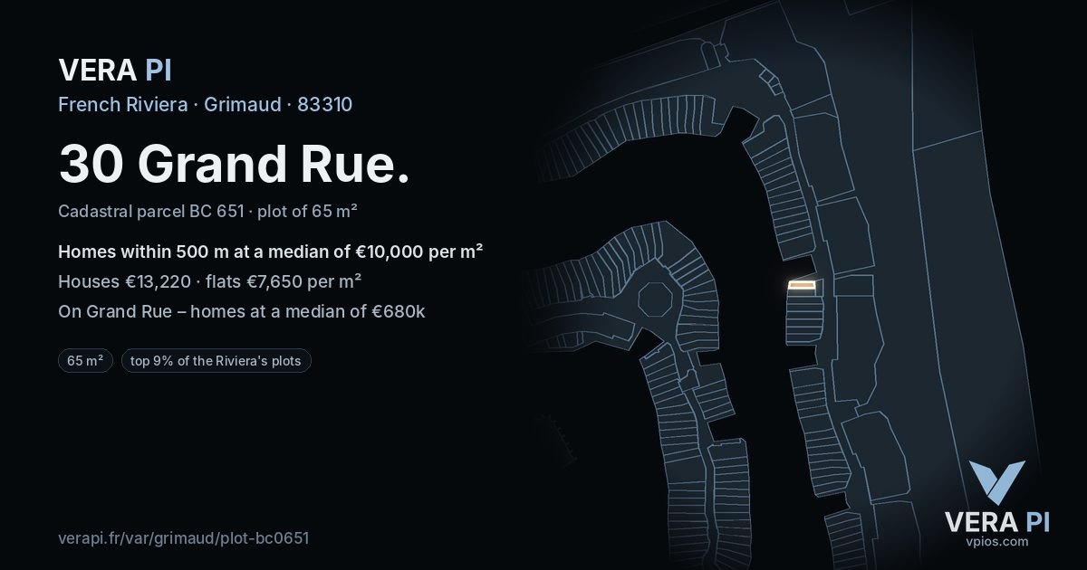 30 Grand Rue, Grimaud at night – the plot lit, the parcels around coloured by the prices near them