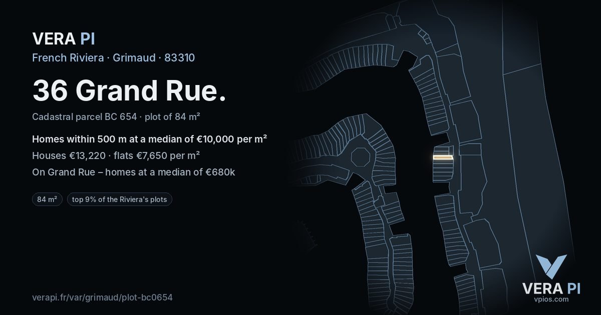 36 Grand Rue, Grimaud at night – the plot lit, the parcels around coloured by the prices near them