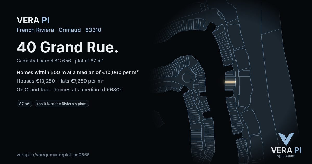 40 Grand Rue, Grimaud at night – the plot lit, the parcels around coloured by the prices near them