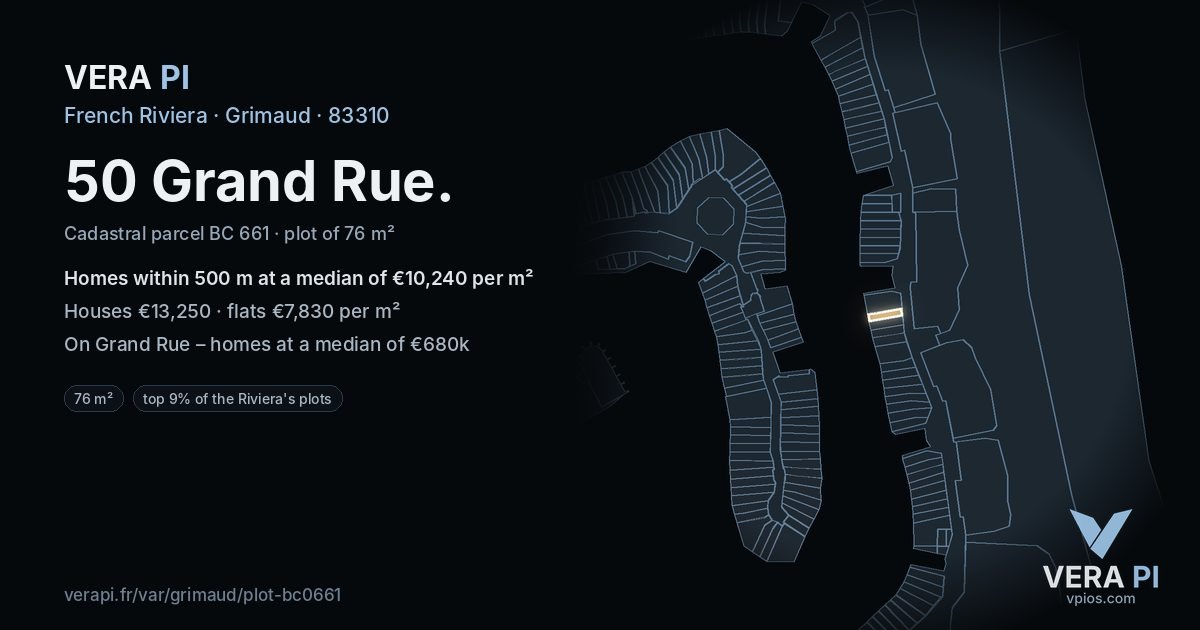 50 Grand Rue, Grimaud at night – the plot lit, the parcels around coloured by the prices near them