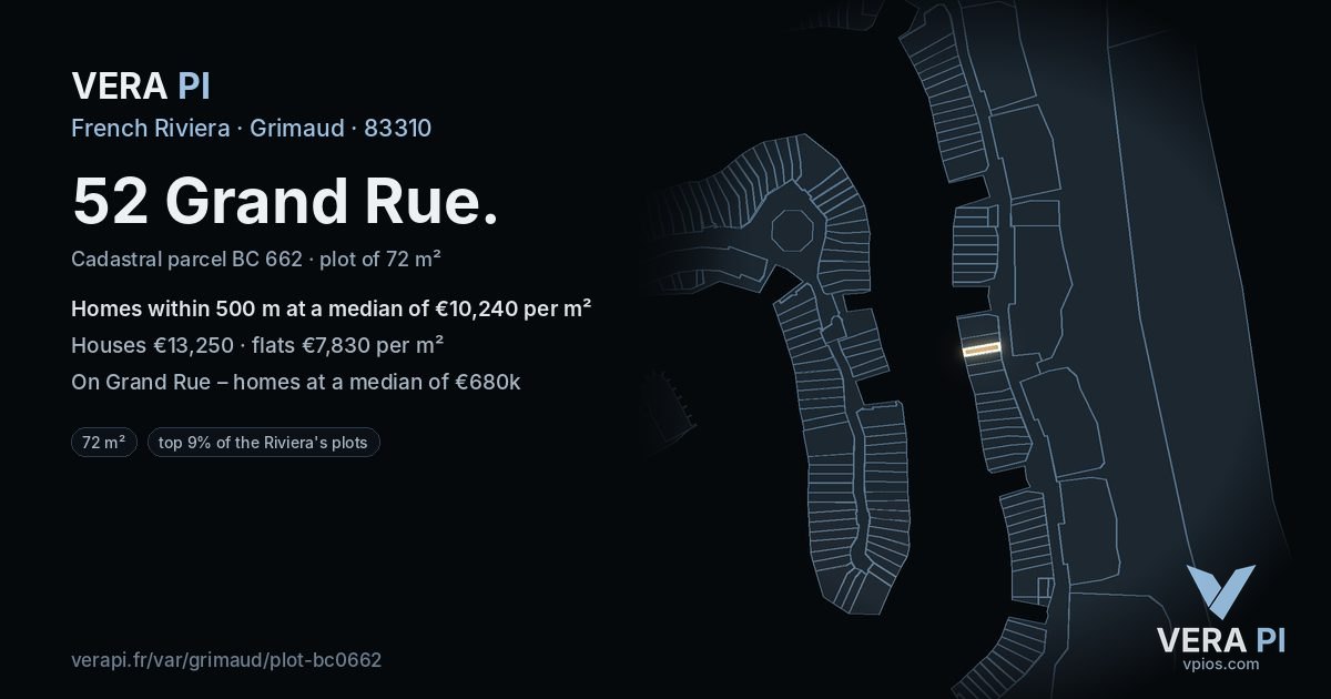 52 Grand Rue, Grimaud at night – the plot lit, the parcels around coloured by the prices near them
