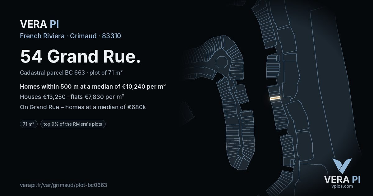 54 Grand Rue, Grimaud at night – the plot lit, the parcels around coloured by the prices near them