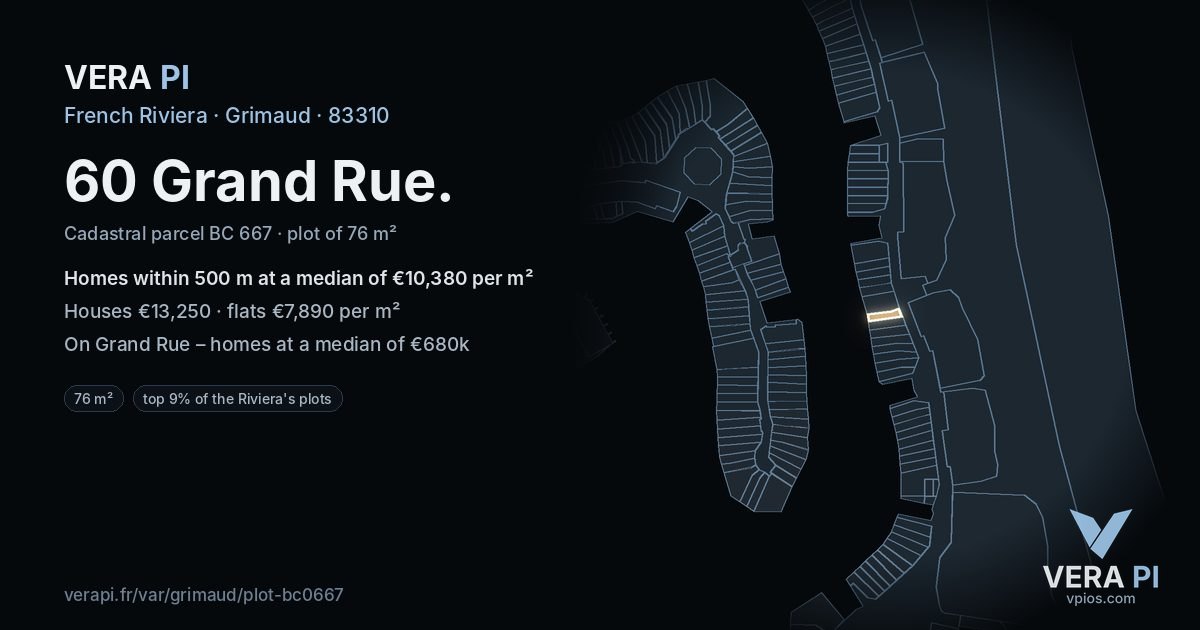 60 Grand Rue, Grimaud at night – the plot lit, the parcels around coloured by the prices near them