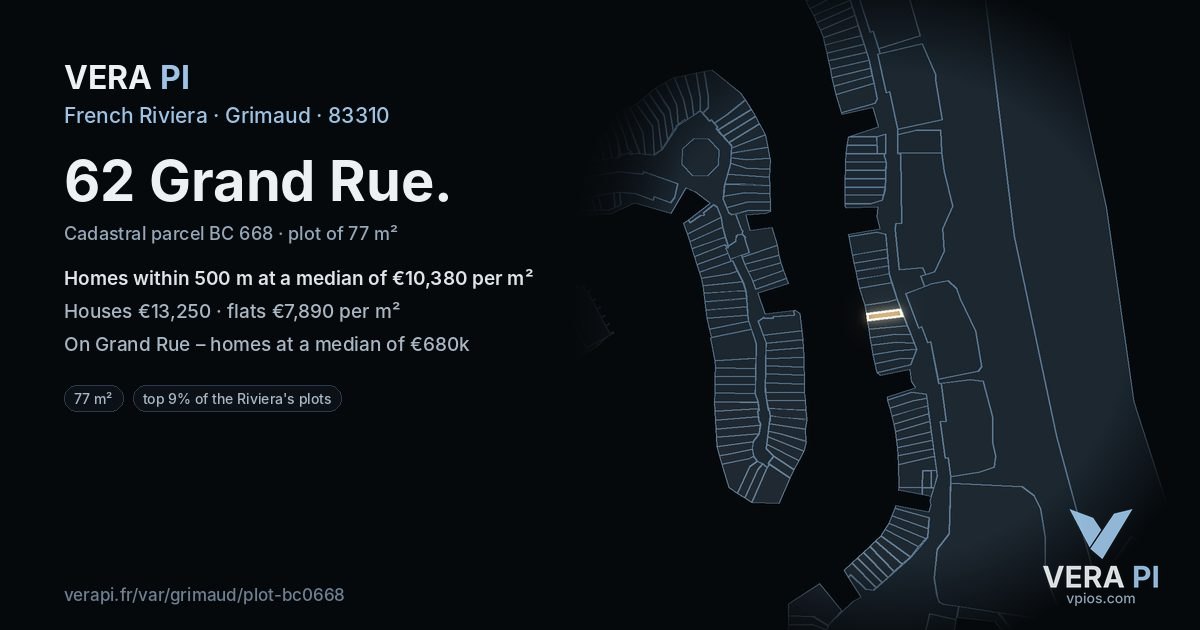 62 Grand Rue, Grimaud at night – the plot lit, the parcels around coloured by the prices near them