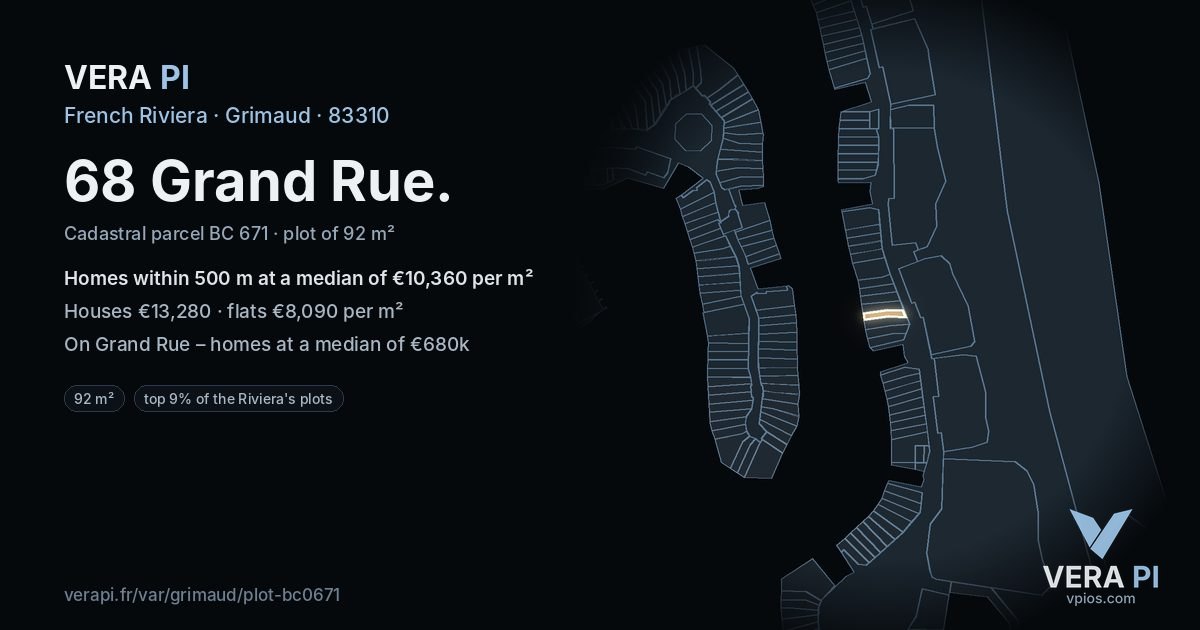 68 Grand Rue, Grimaud at night – the plot lit, the parcels around coloured by the prices near them