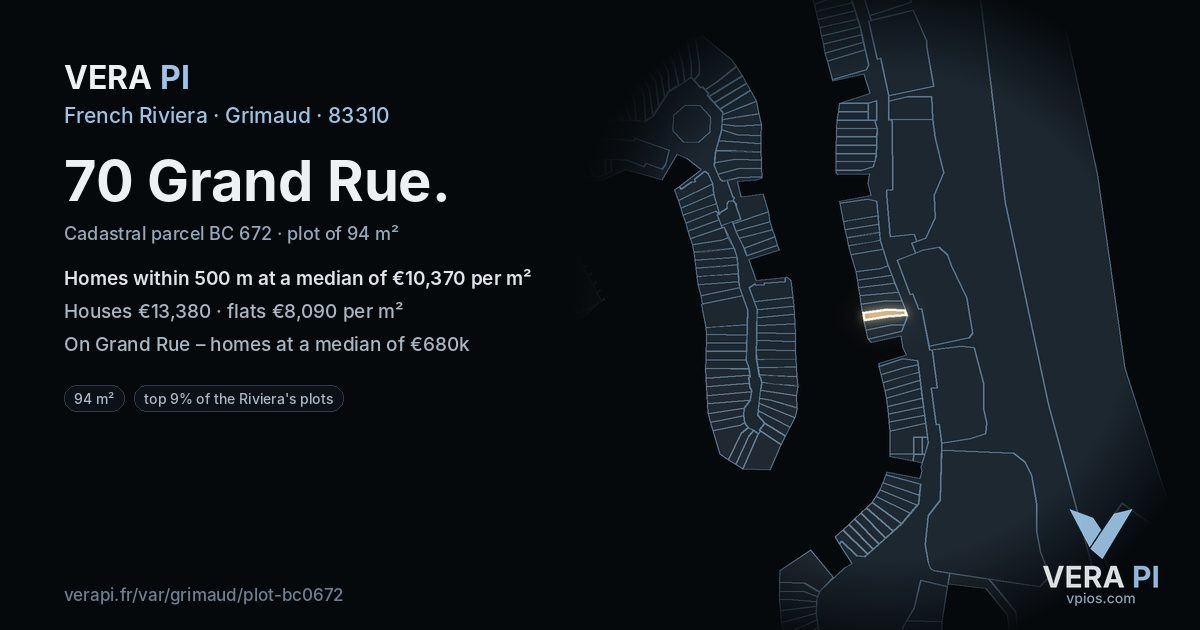 70 Grand Rue, Grimaud at night – the plot lit, the parcels around coloured by the prices near them