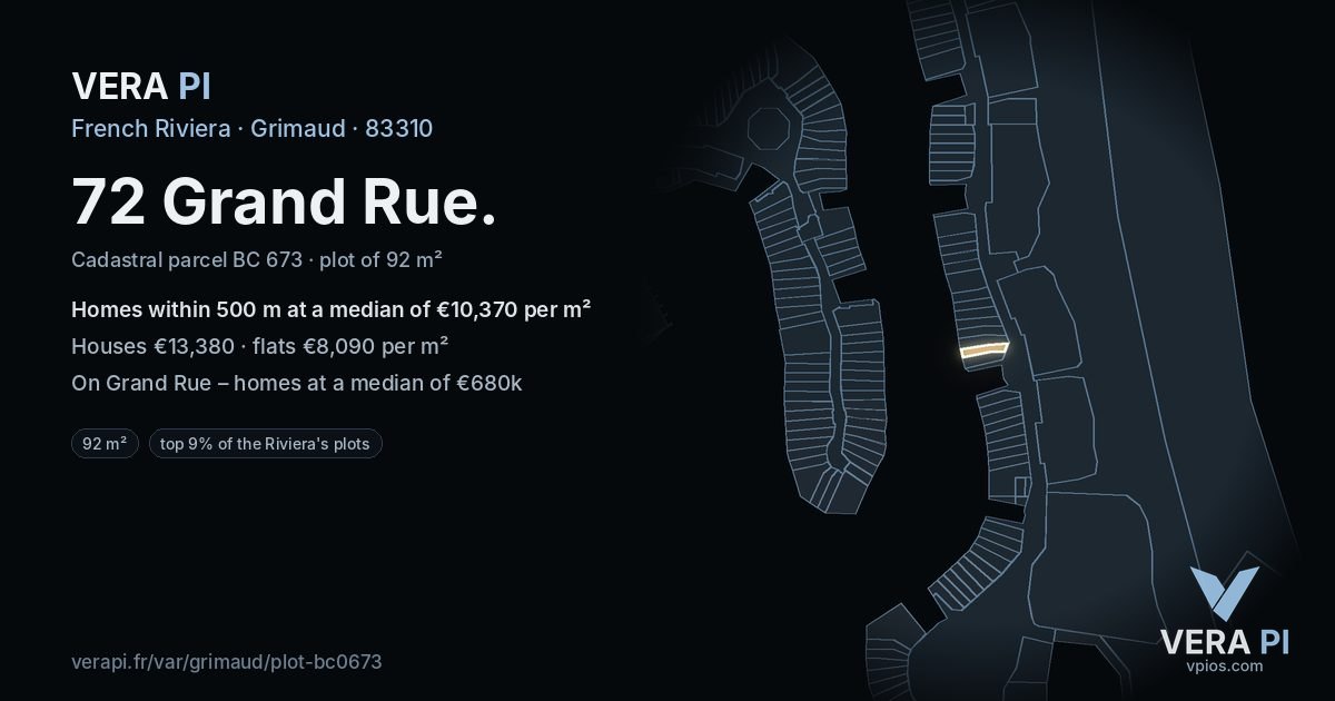 72 Grand Rue, Grimaud at night – the plot lit, the parcels around coloured by the prices near them
