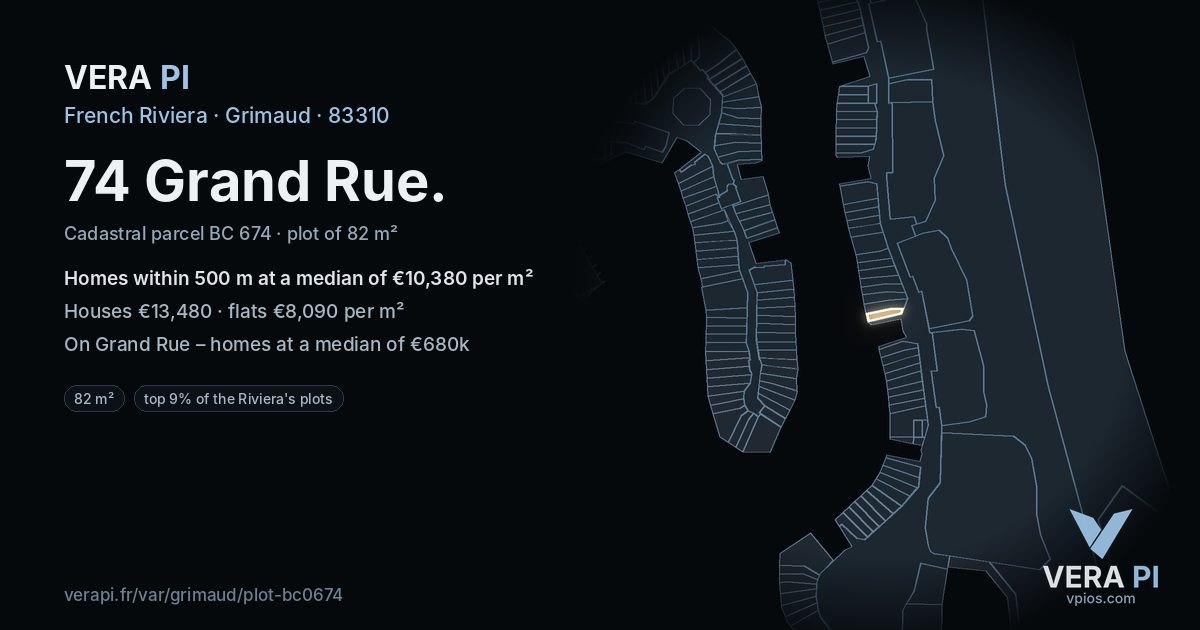 74 Grand Rue, Grimaud at night – the plot lit, the parcels around coloured by the prices near them