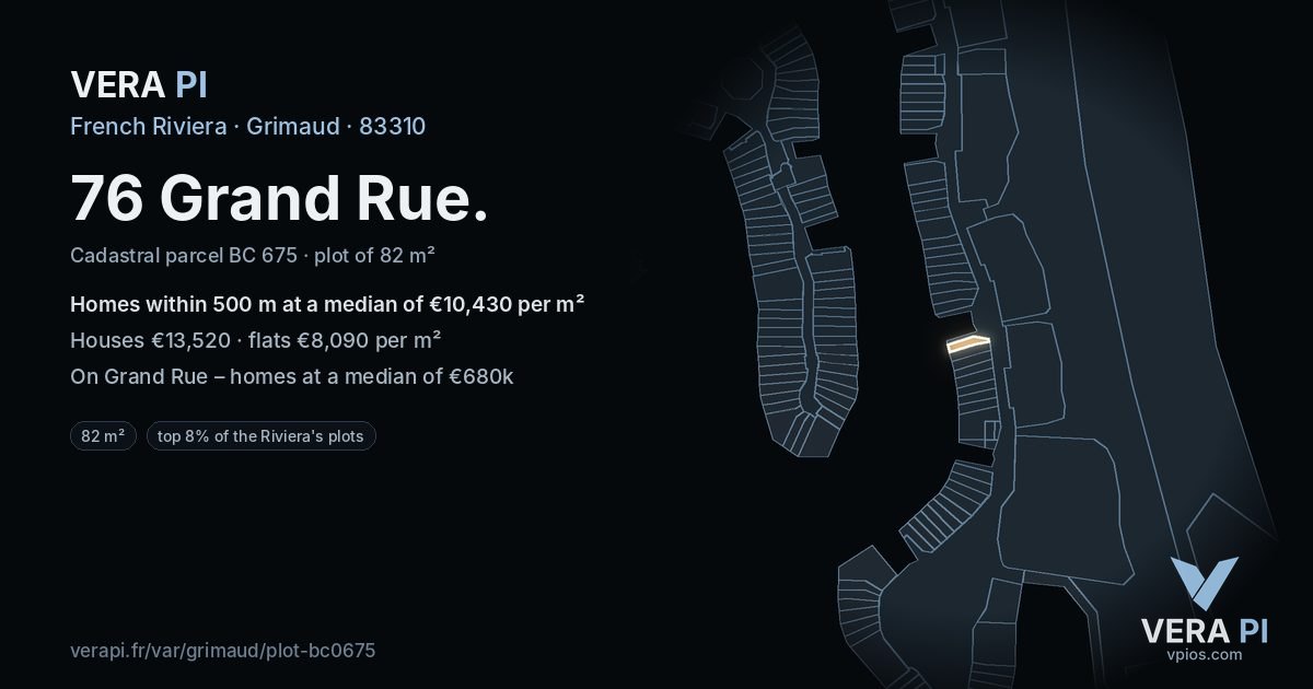 76 Grand Rue, Grimaud at night – the plot lit, the parcels around coloured by the prices near them