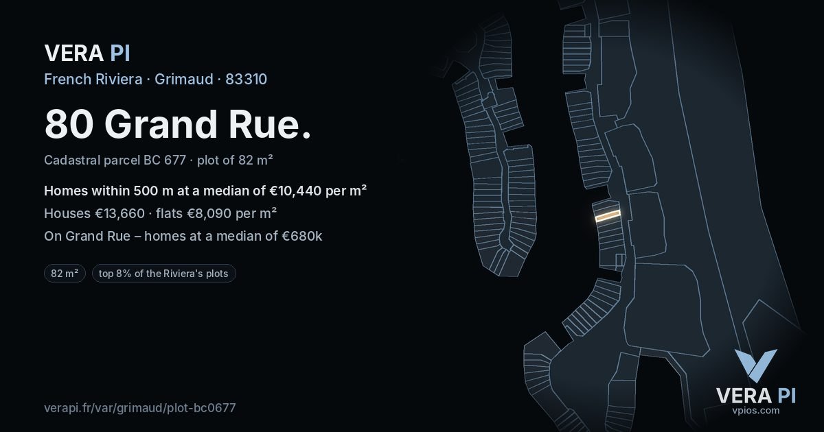 80 Grand Rue, Grimaud at night – the plot lit, the parcels around coloured by the prices near them