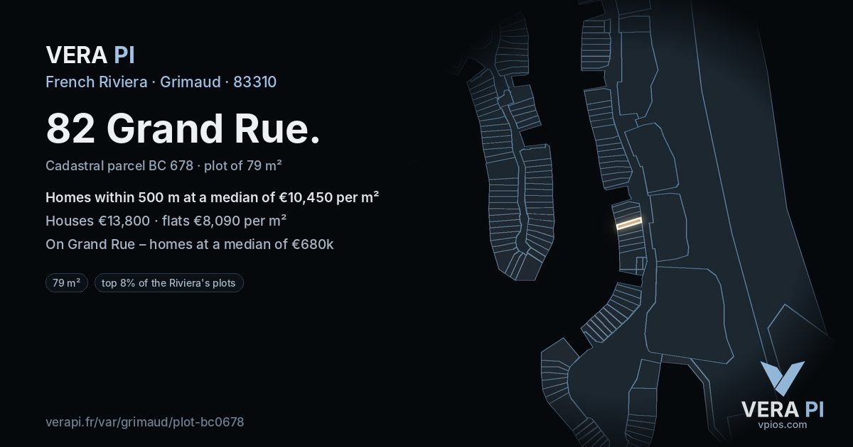 82 Grand Rue, Grimaud at night – the plot lit, the parcels around coloured by the prices near them