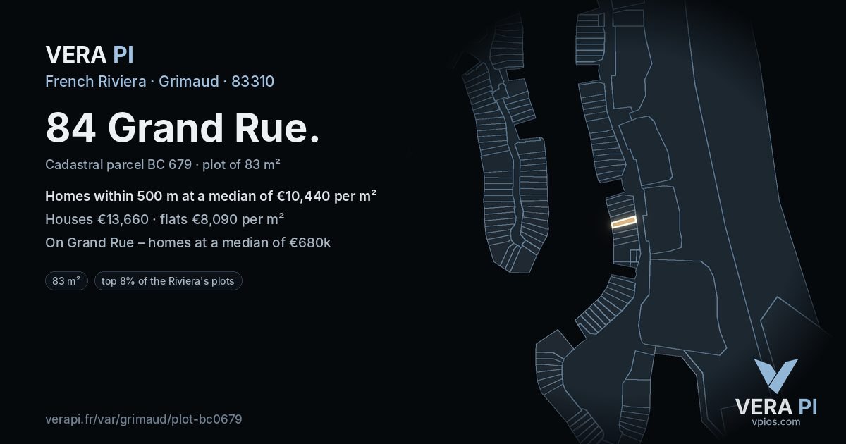 84 Grand Rue, Grimaud at night – the plot lit, the parcels around coloured by the prices near them