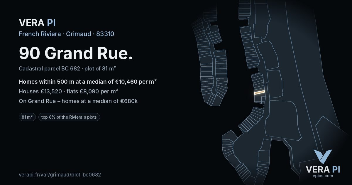 90 Grand Rue, Grimaud at night – the plot lit, the parcels around coloured by the prices near them