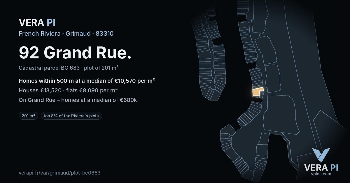92 Grand Rue, Grimaud at night – the plot lit, the parcels around coloured by the prices near them