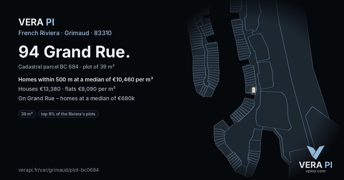 94 Grand Rue, Grimaud at night – the plot lit, the parcels around coloured by the prices near them