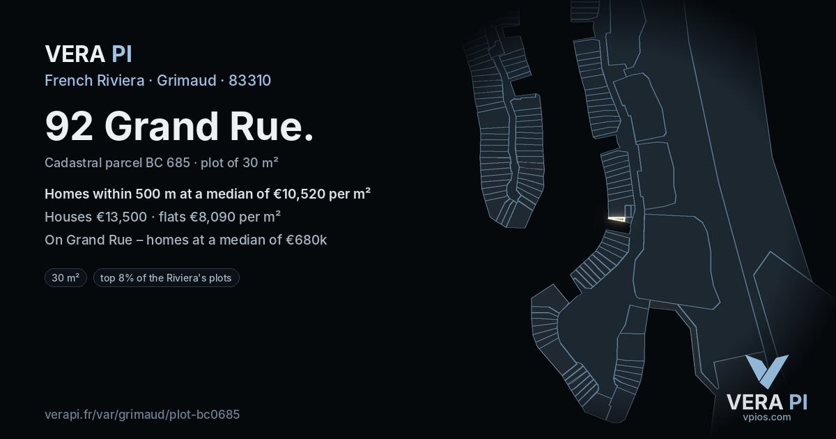92 Grand Rue, Grimaud at night – the plot lit, the parcels around coloured by the prices near them