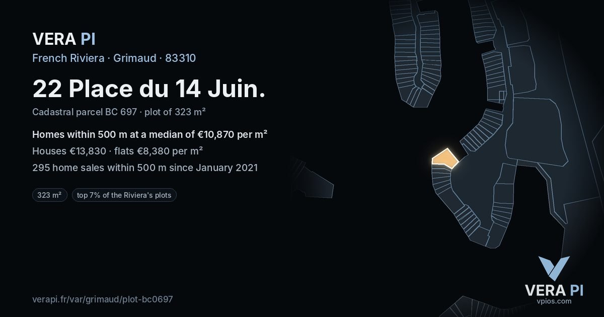 22 Place du 14 Juin, Grimaud at night – the plot lit, the parcels around coloured by the prices near them