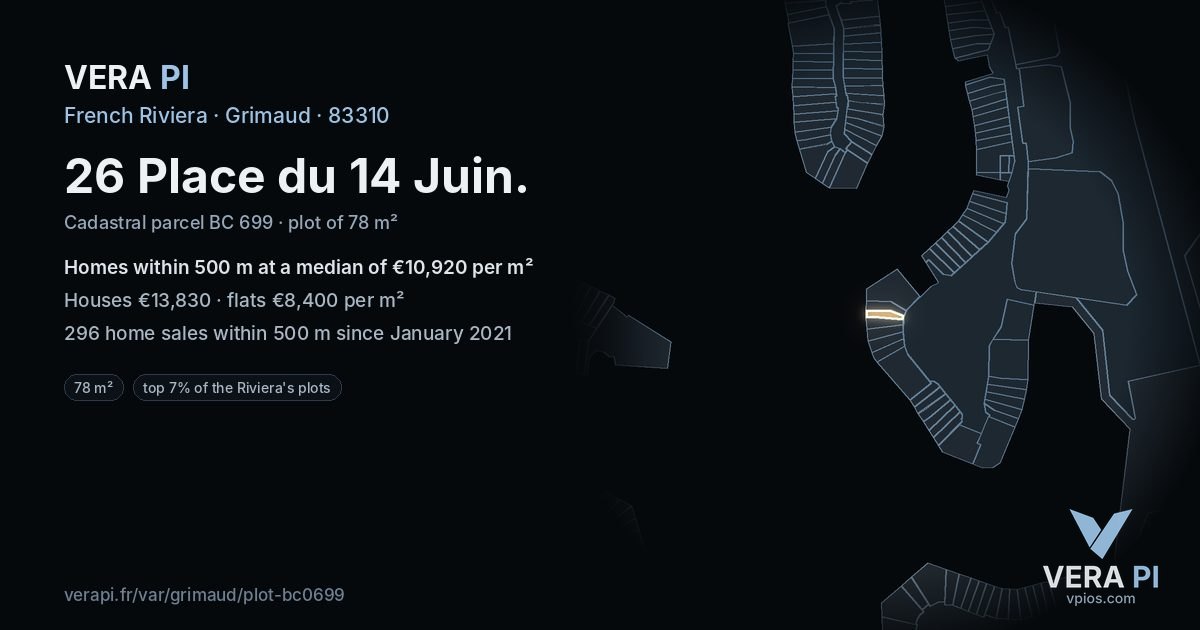 26 Place du 14 Juin, Grimaud at night – the plot lit, the parcels around coloured by the prices near them