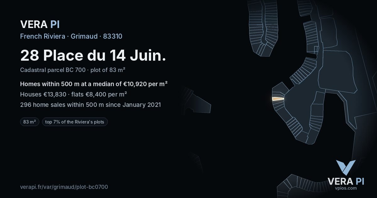 28 Place du 14 Juin, Grimaud at night – the plot lit, the parcels around coloured by the prices near them