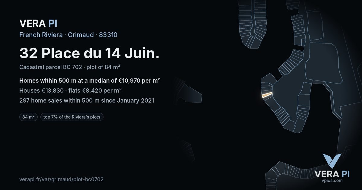32 Place du 14 Juin, Grimaud at night – the plot lit, the parcels around coloured by the prices near them