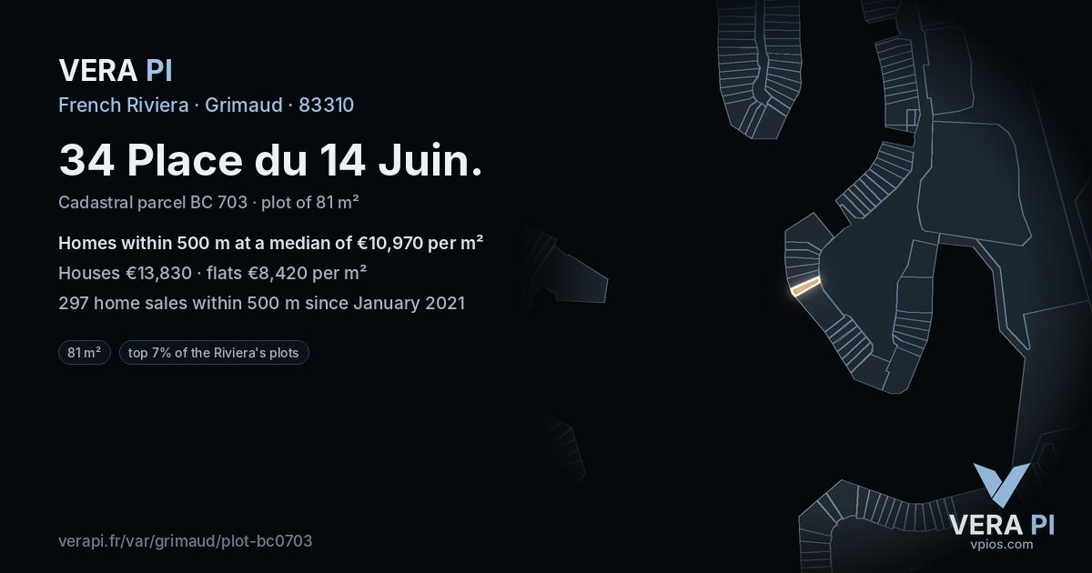 34 Place du 14 Juin, Grimaud at night – the plot lit, the parcels around coloured by the prices near them