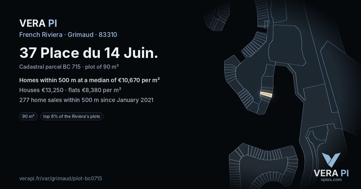 37 Place du 14 Juin, Grimaud at night – the plot lit, the parcels around coloured by the prices near them