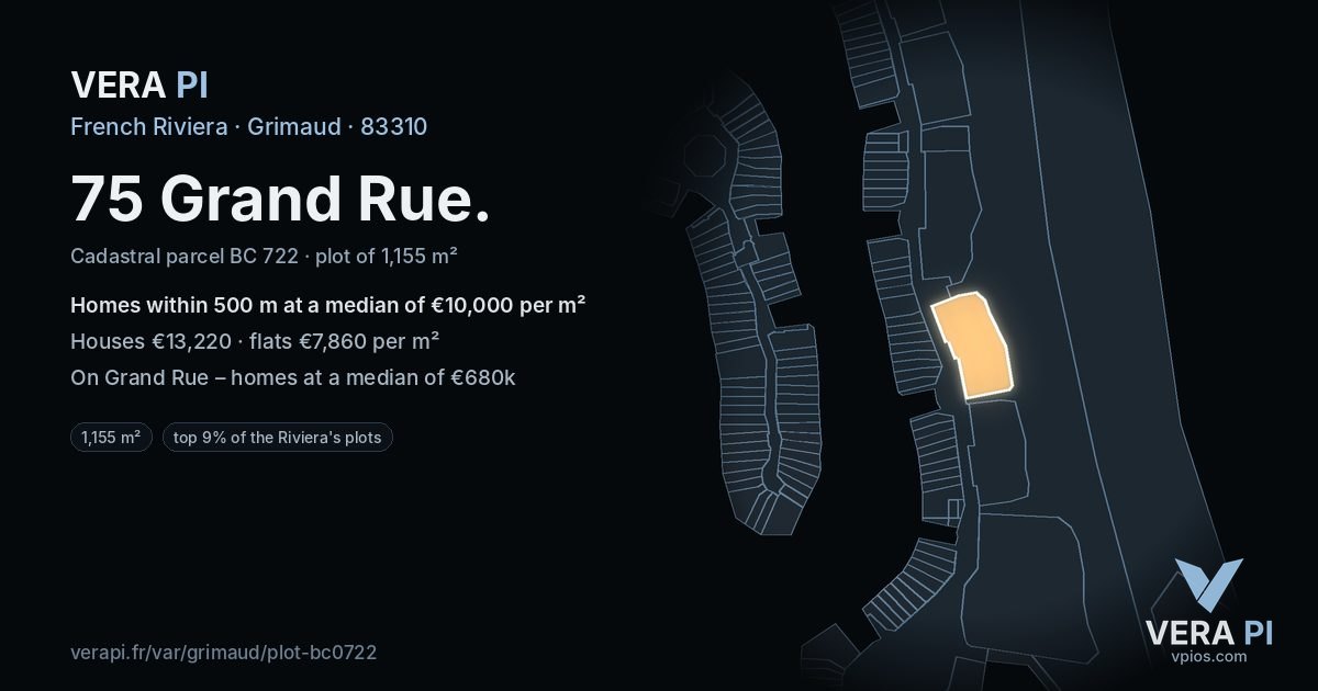 75 Grand Rue, Grimaud at night – the plot lit, the parcels around coloured by the prices near them
