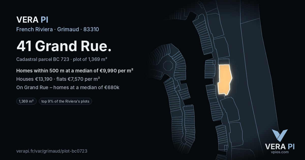 41 Grand Rue, Grimaud at night – the plot lit, the parcels around coloured by the prices near them