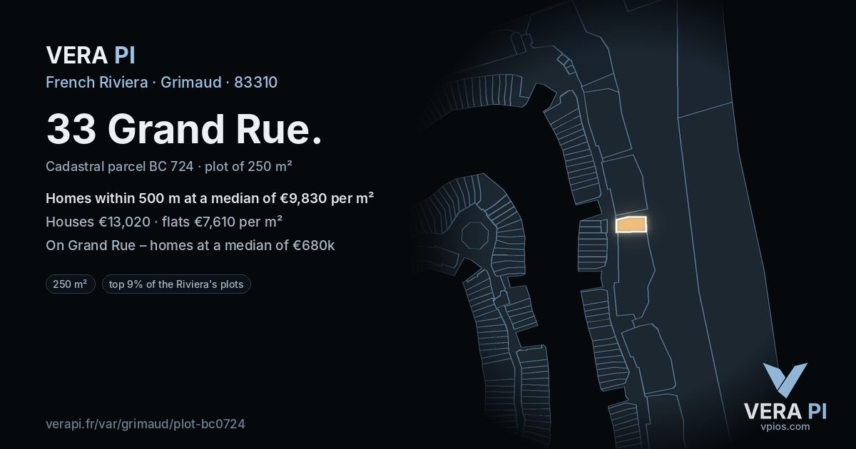 33 Grand Rue, Grimaud at night – the plot lit, the parcels around coloured by the prices near them
