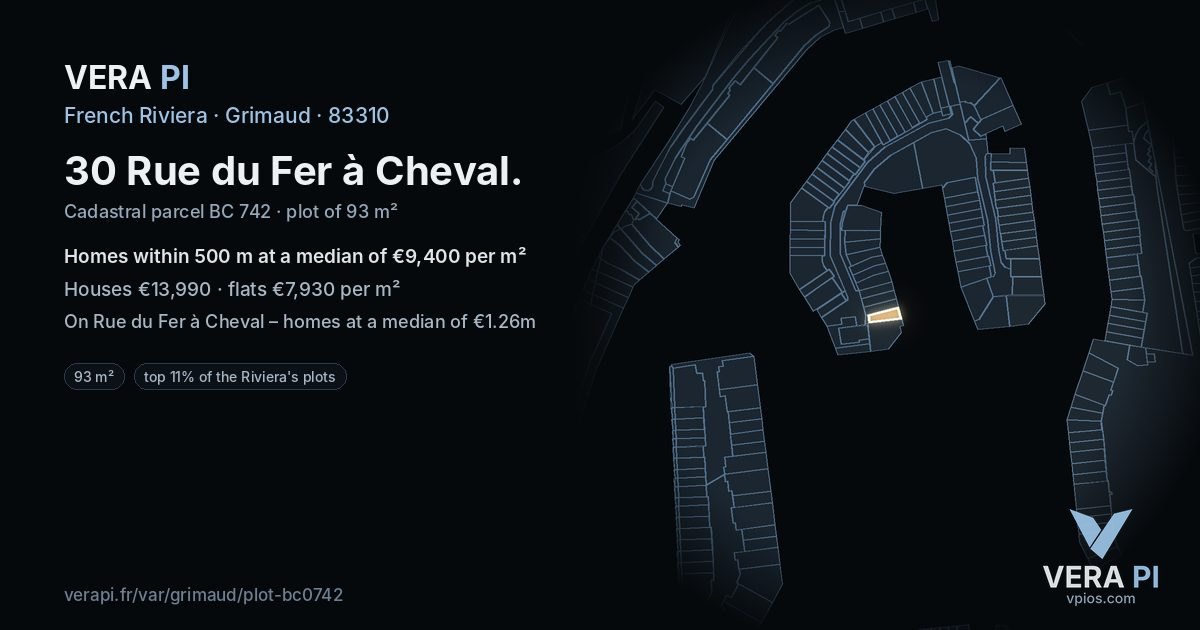 30 Rue du Fer à Cheval, Grimaud at night – the plot lit, the parcels around coloured by the prices near them