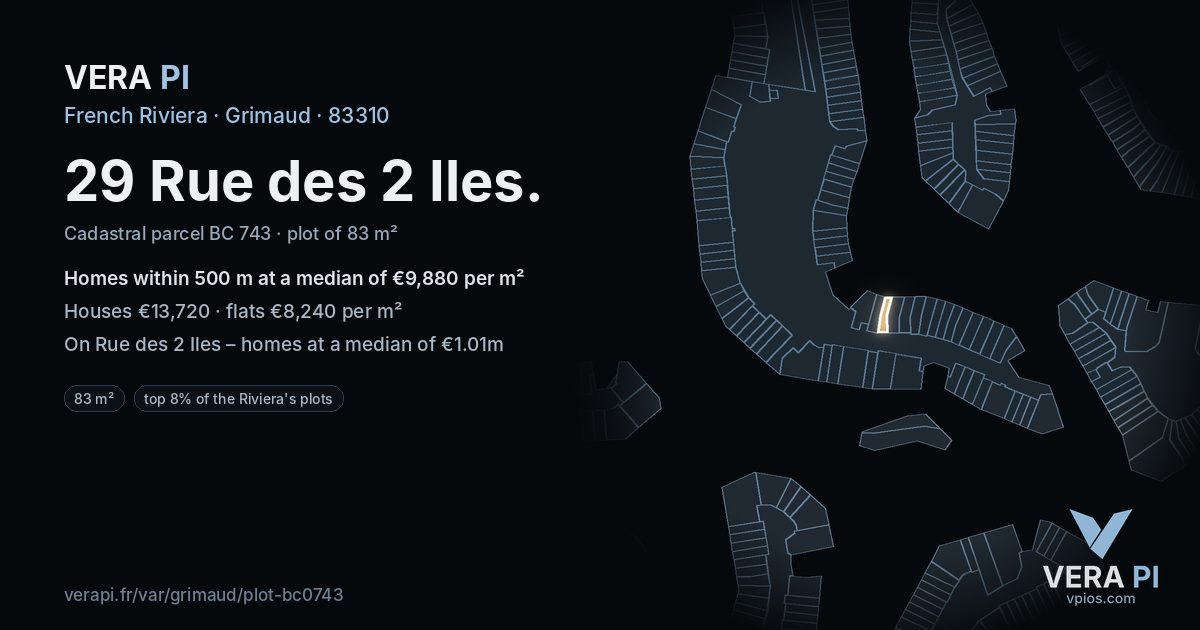 29 Rue des 2 Iles, Grimaud at night – the plot lit, the parcels around coloured by the prices near them