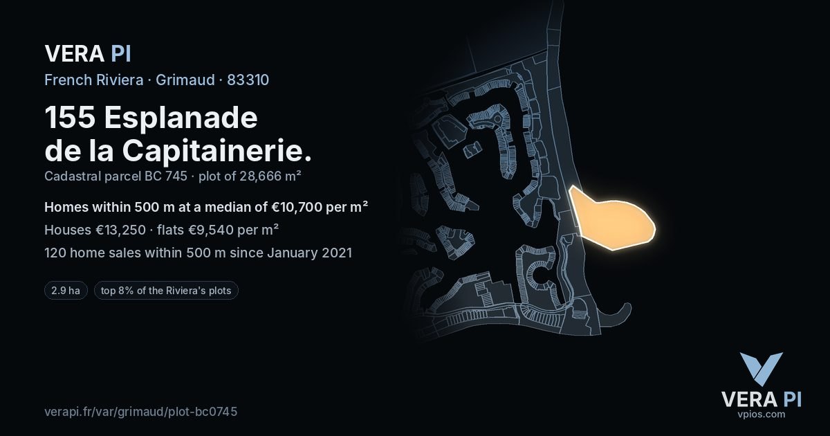 155 Esplanade de la Capitainerie, Grimaud at night – the plot lit, the parcels around coloured by the prices near them