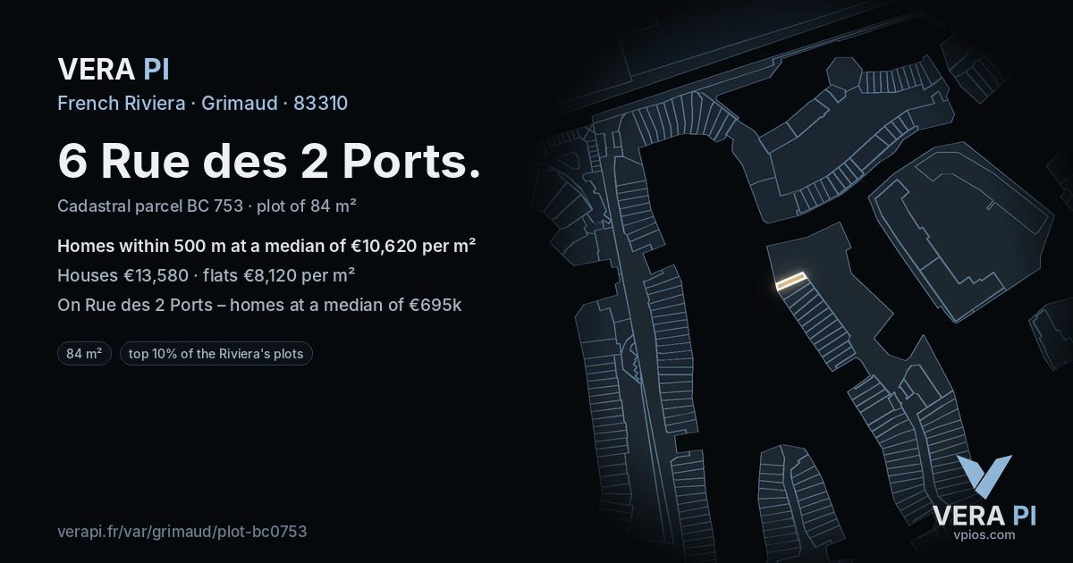 6 Rue des 2 Ports, Grimaud at night – the plot lit, the parcels around coloured by the prices near them