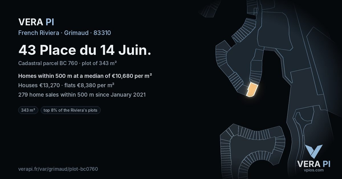 43 Place du 14 Juin, Grimaud at night – the plot lit, the parcels around coloured by the prices near them