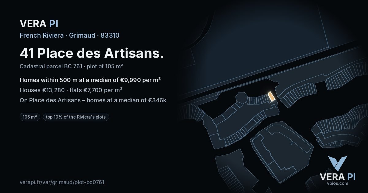 41 Place des Artisans, Grimaud at night – the plot lit, the parcels around coloured by the prices near them