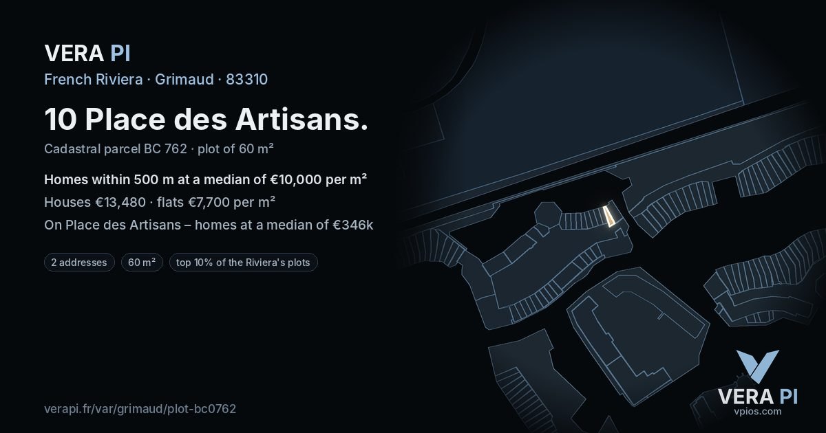 10 Place des Artisans, Grimaud at night – the plot lit, the parcels around coloured by the prices near them