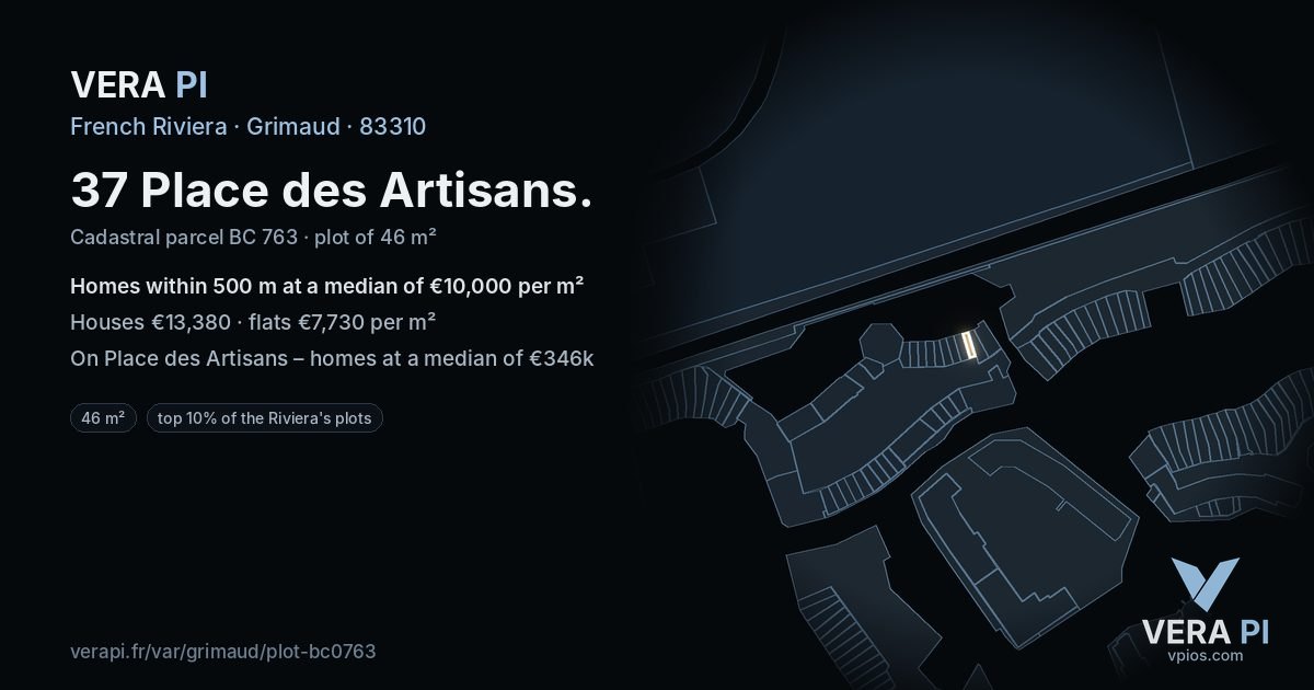 37 Place des Artisans, Grimaud at night – the plot lit, the parcels around coloured by the prices near them